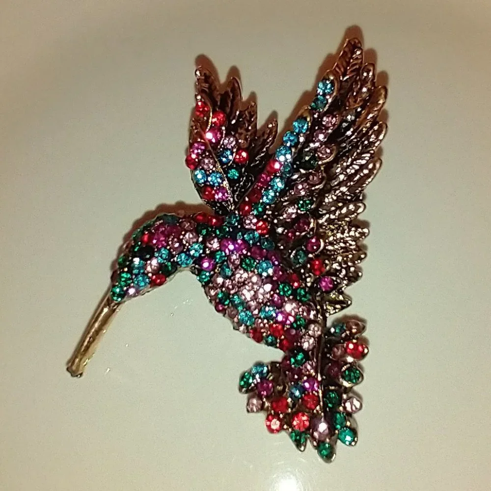 Colorful Rhinestone Hummingbird Brooch - Picture 1 of 4